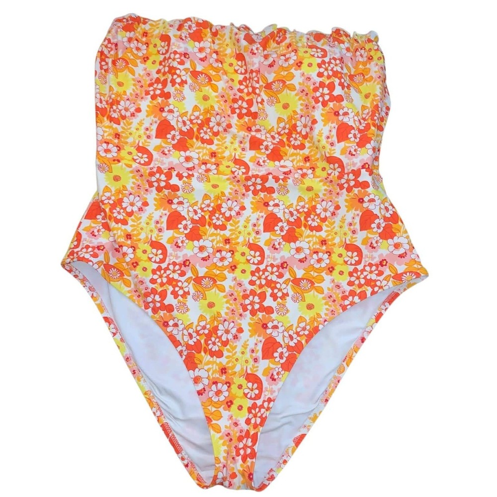 Aerie Swim One Piece Women XL Orange Yellow Floral Vacation Spring Break Cruise